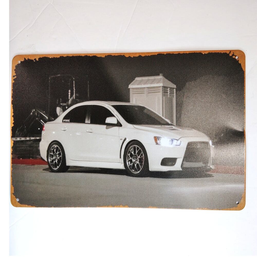 Mitsubishi Evo X MR Tin Sign 12×8 White Car Night Scene Metal Wall Art Decor